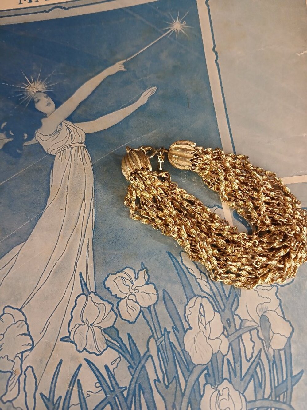 Vintage Crown Trifari, Multi Strand Waterfall Bracelet, Liquid Rope Gold-tone